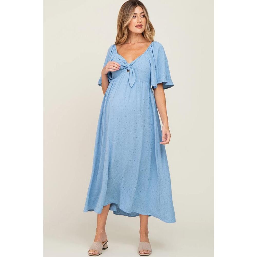 OTT Women's Textured Dot Front Tie Ruffle Sleeve Maternity Dress Size M In Blue